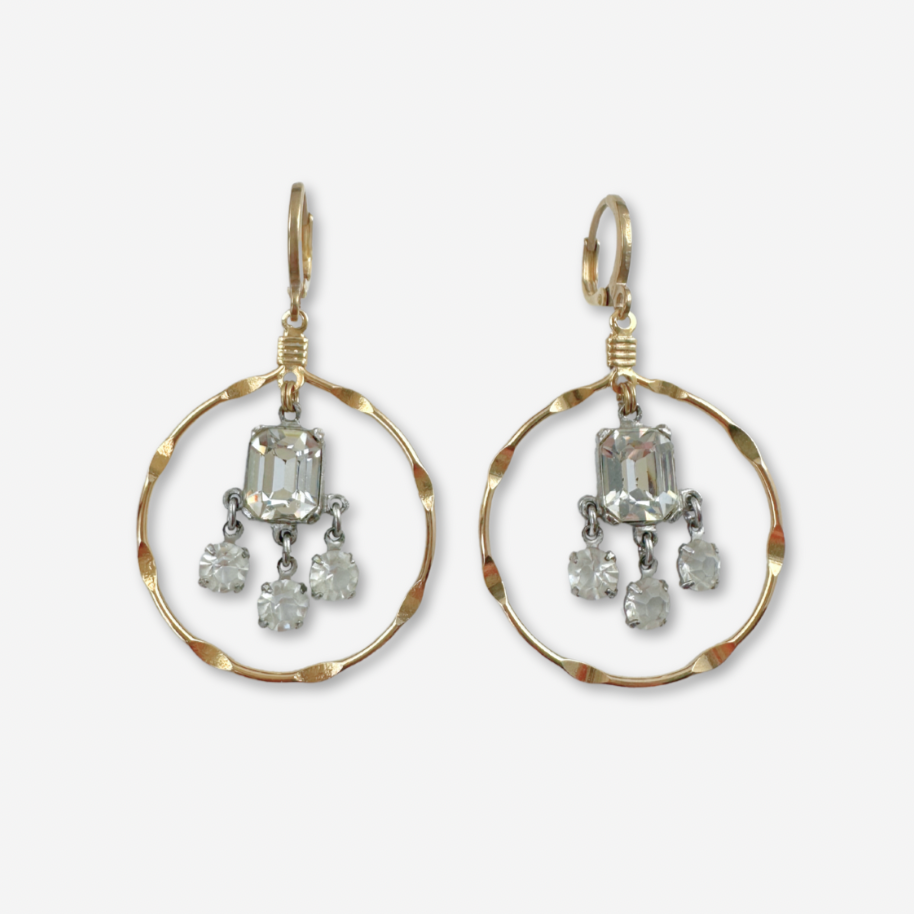 Gold plated hoop earrings with vintage clear rhinestone center drops