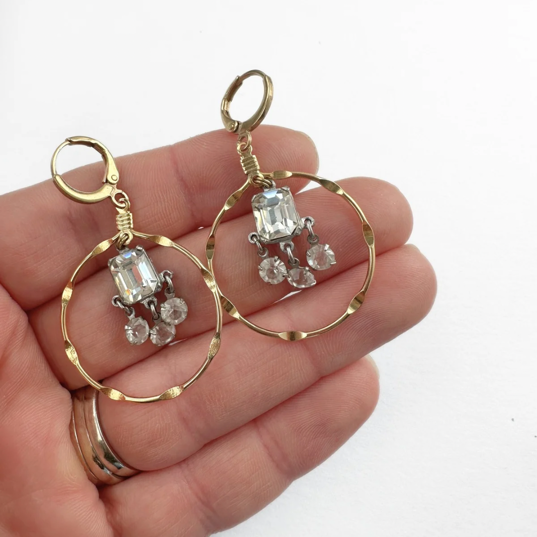 Gold plated hoop earrings with vintage clear rhinestone center drops