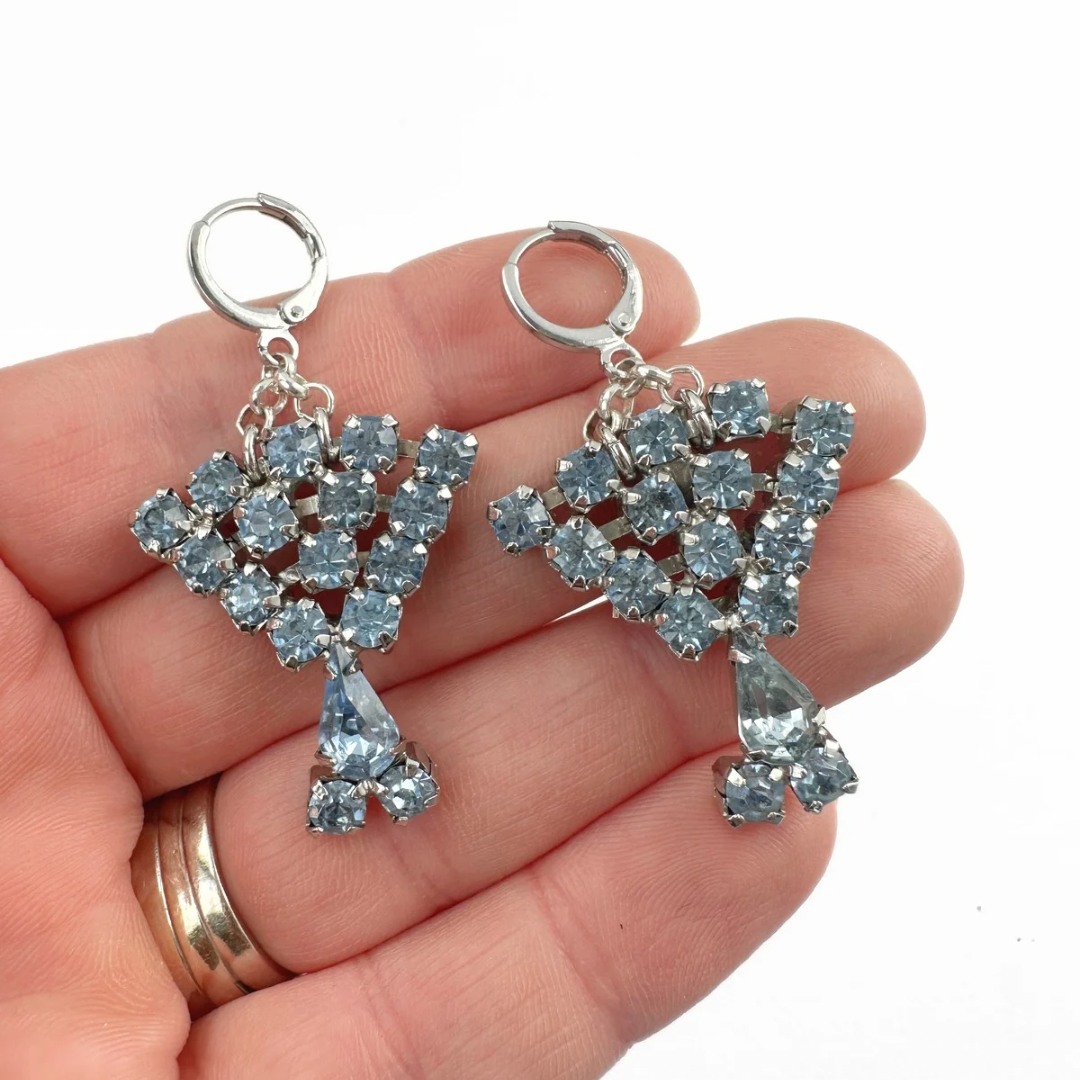 Refashioned vintage ice blue rhinestone drop earrings