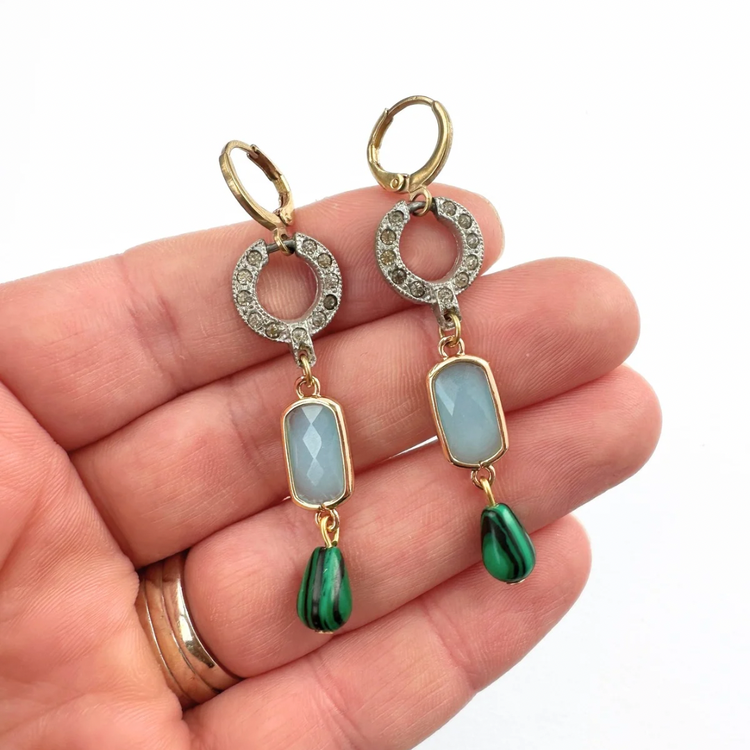 Refashioned vintage pale blue, rhinestone, and malachite green earrings