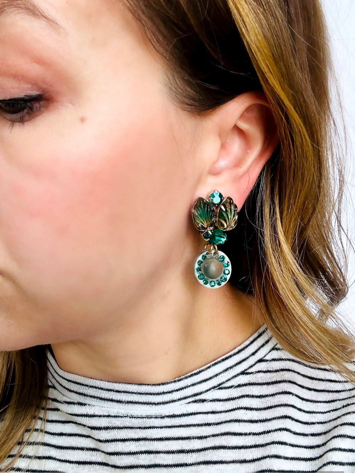 Refashioned vintage pressed glass clip on green leaf earrings with acrylic button drop