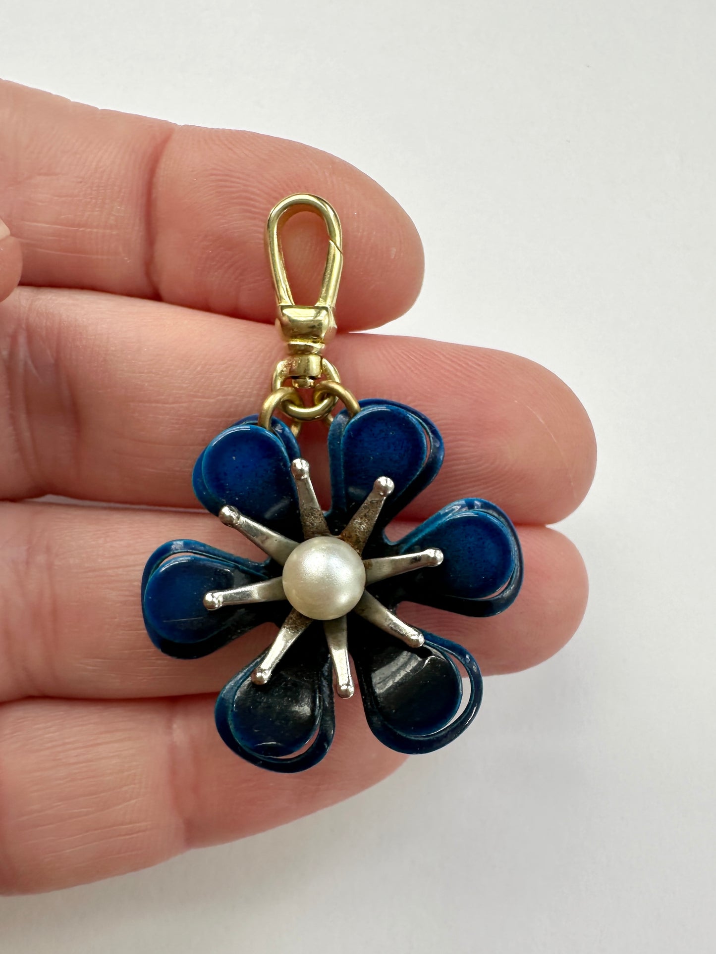 Vintage dark blue enamel flower charm with pearl center