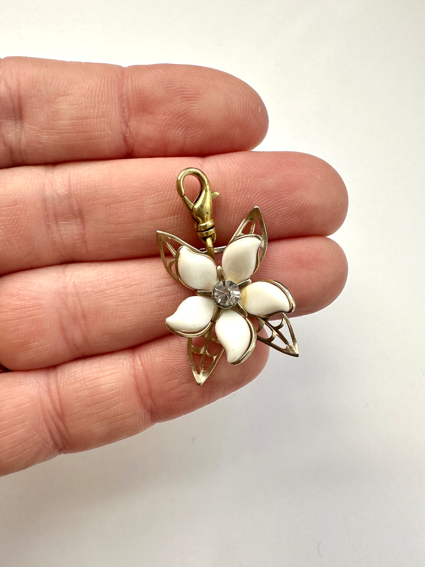 Vintage gold and white 3D flower charm with swivel clasp