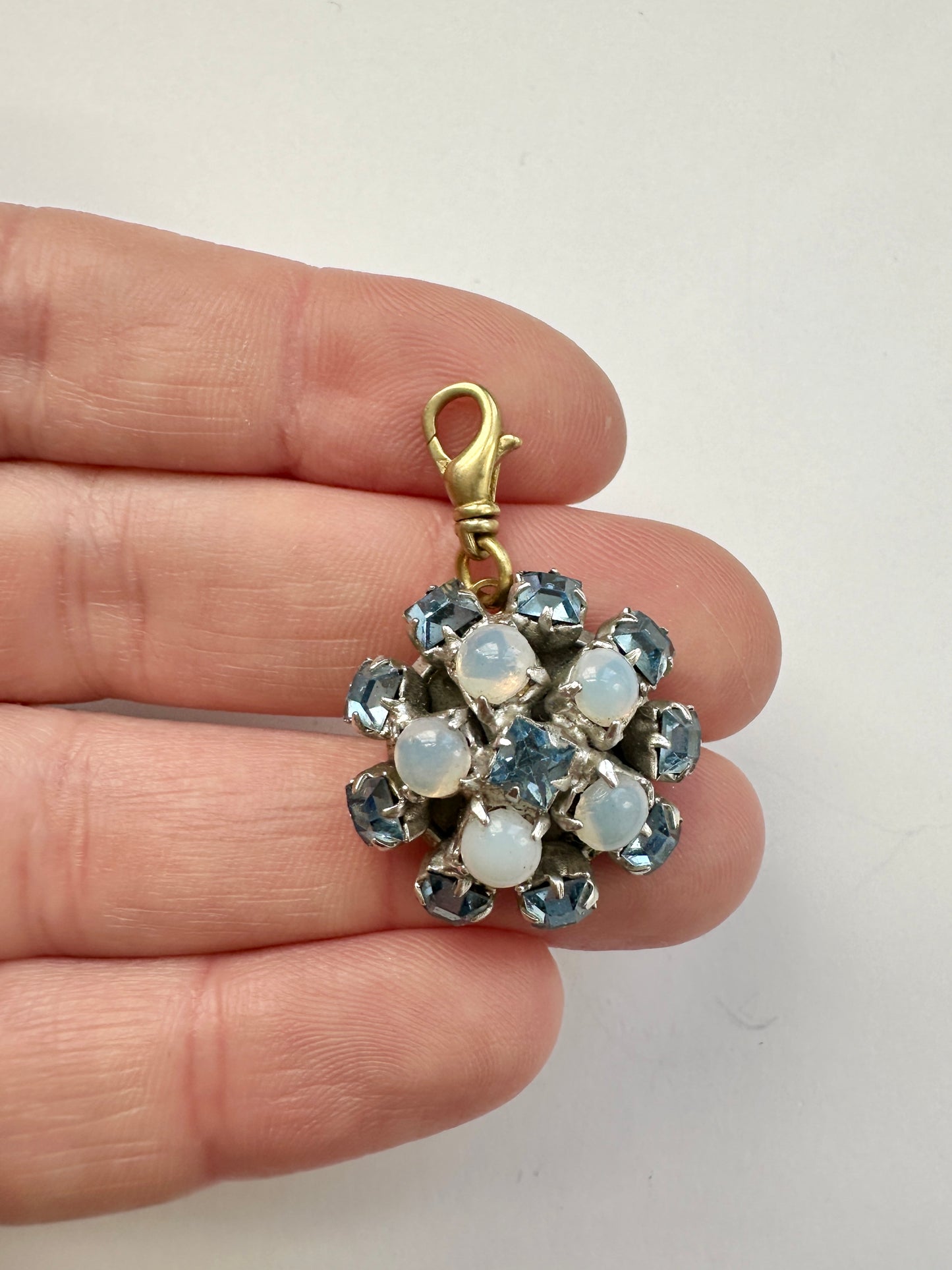 Vintage ice blue rhinestone charm with raw brass swivel clasp