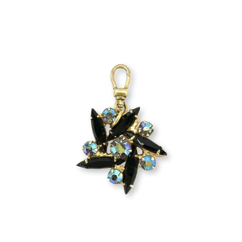 Vintage black and iridescent charm with raw brass swivel clasp