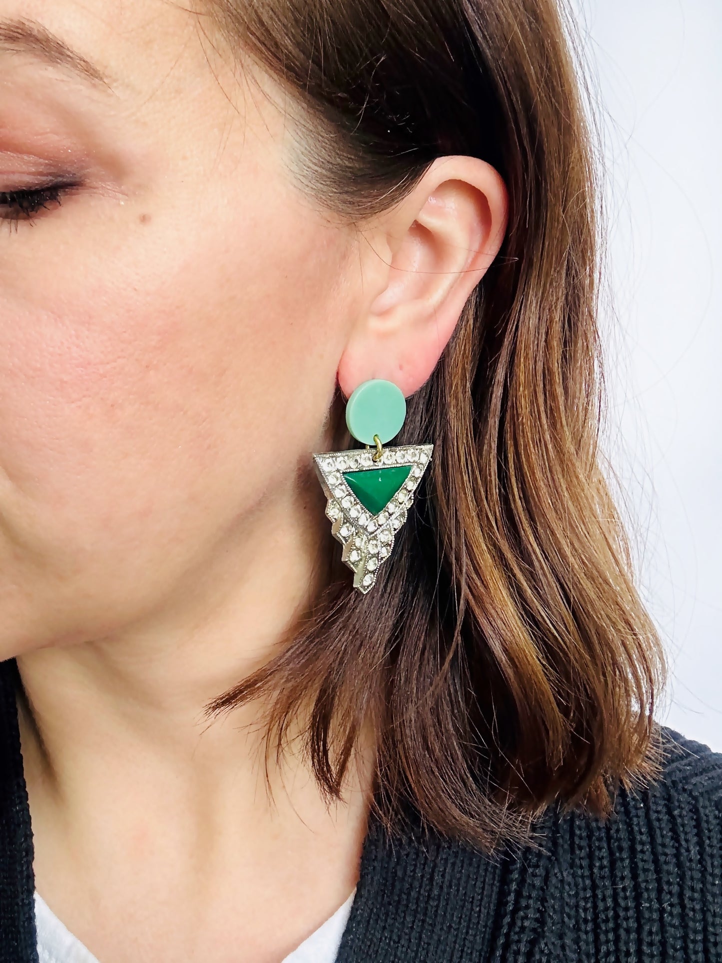 Large Green Refashioned Art Deco rhinestone statement earrings