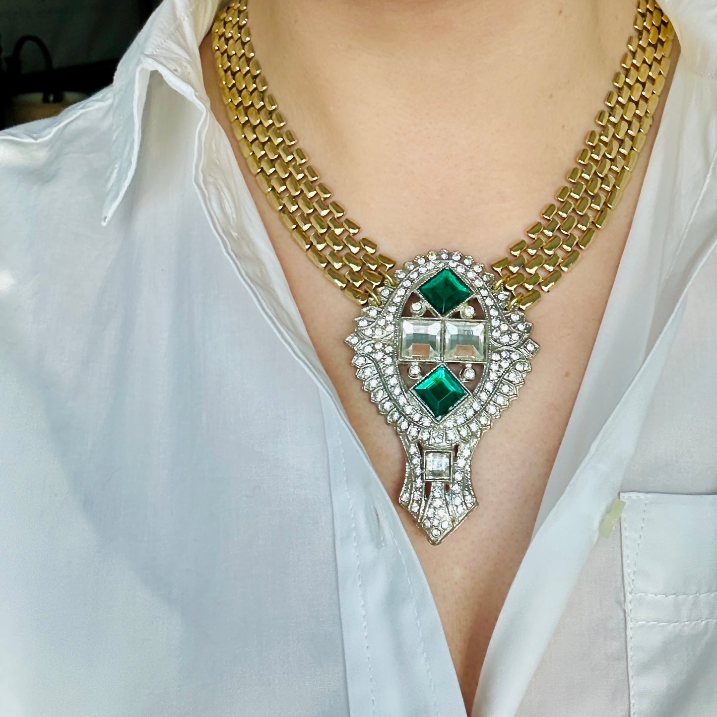 Refashioned Vintage Large Art Deco clear and emerald rhinestone pendant with gold chain