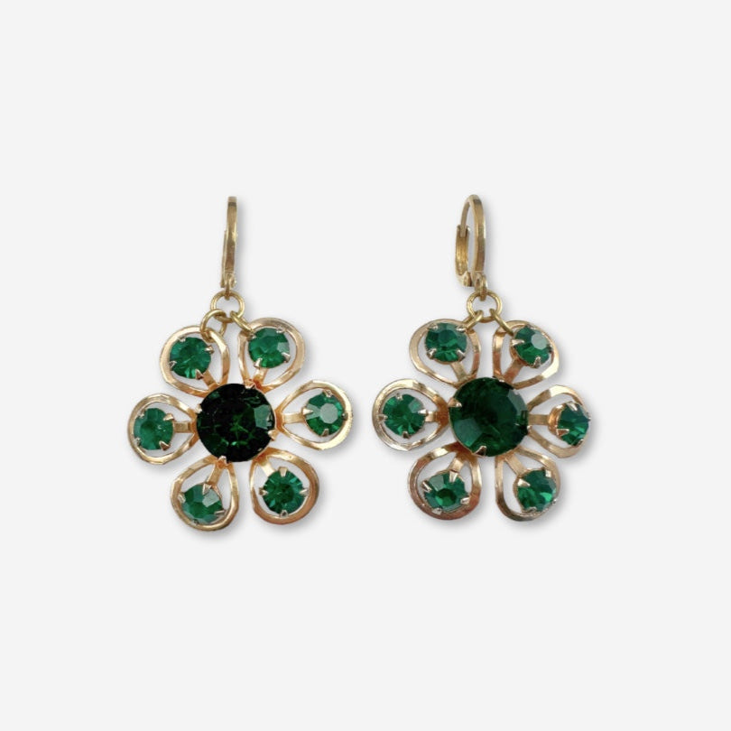 Refashioned vintage emerald green rhinestone flower earrings