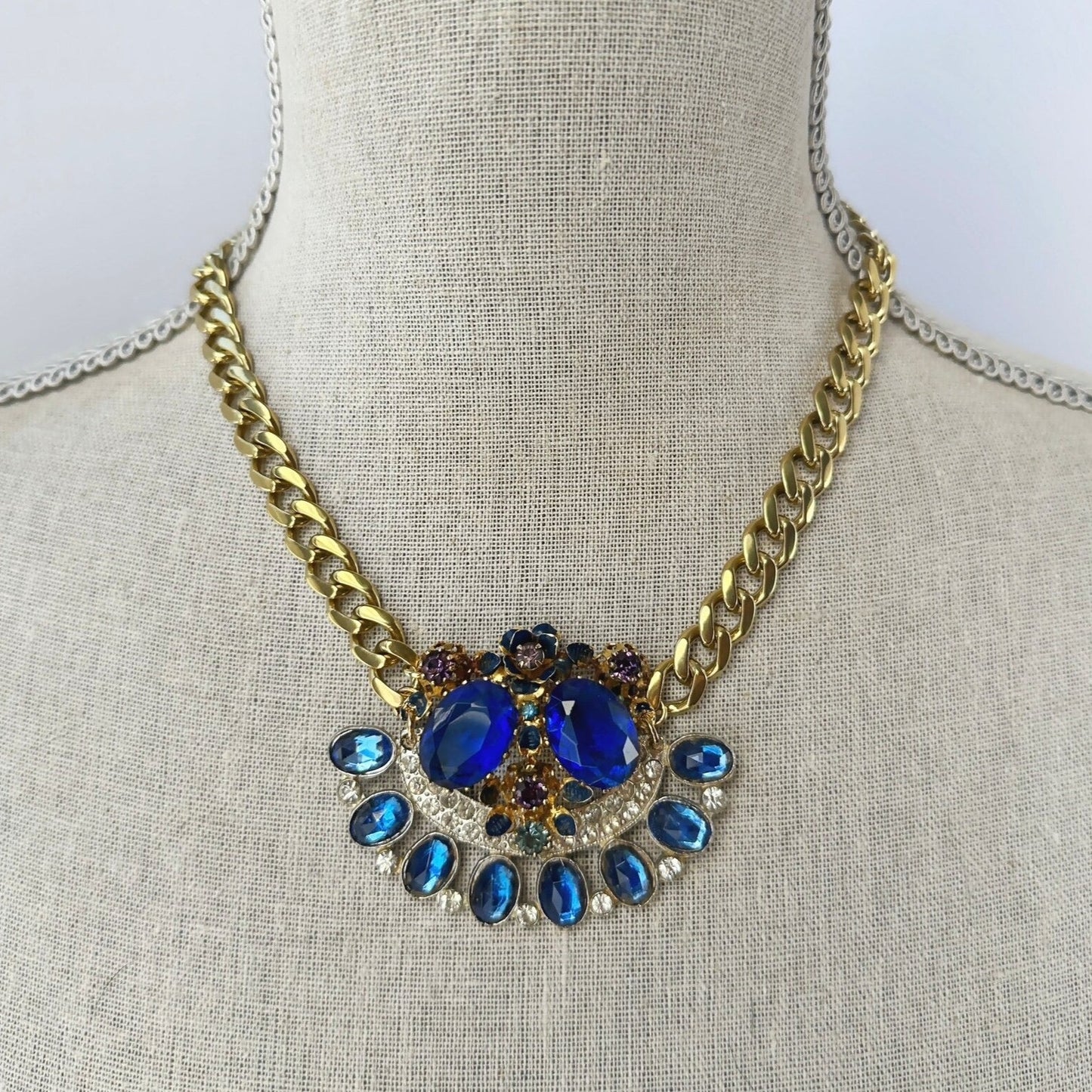 Cobalt blue vintage rhinestone assemblage necklace with heavy brass curb chain