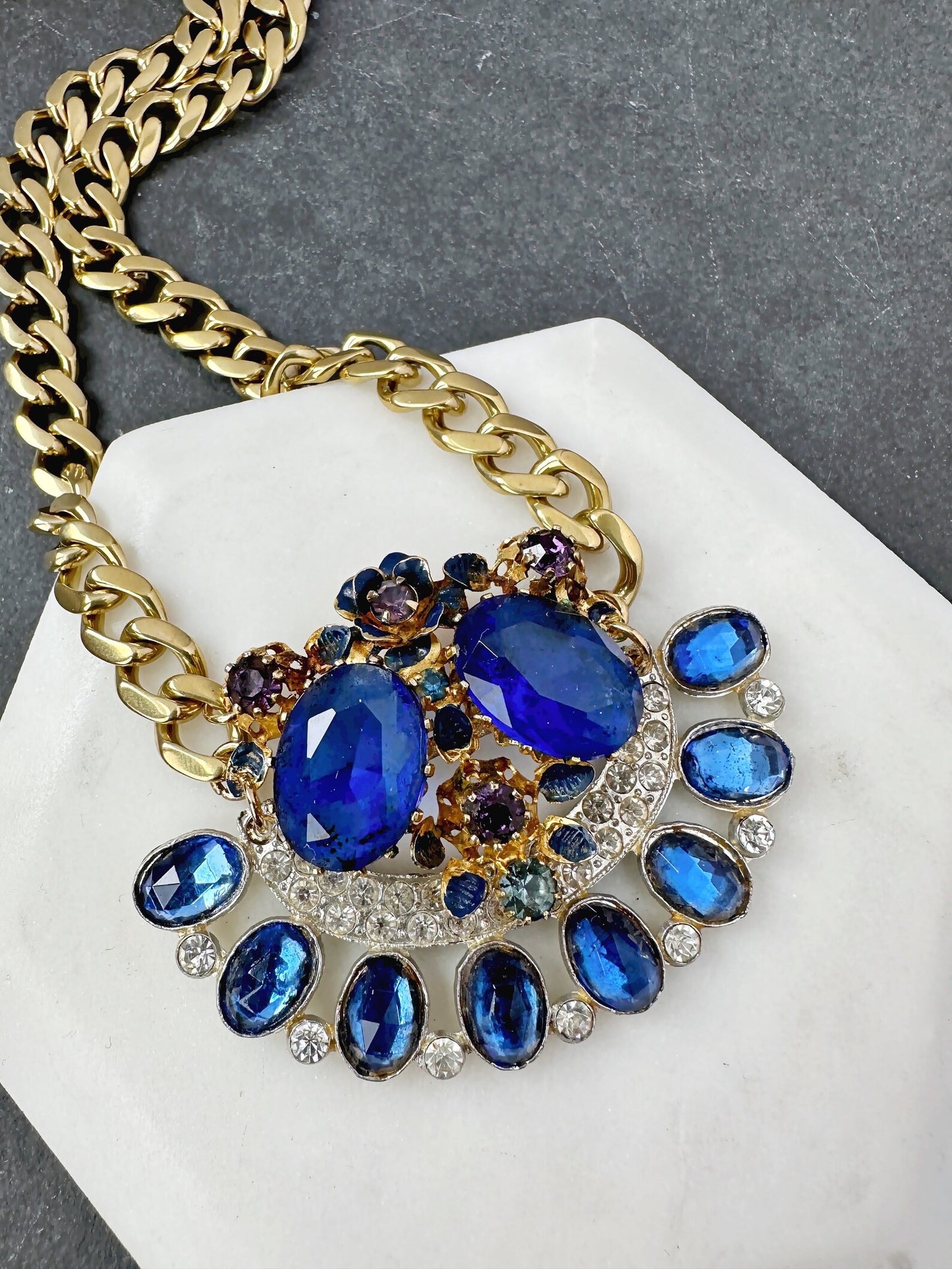 Cobalt blue vintage rhinestone assemblage necklace with heavy brass curb chain