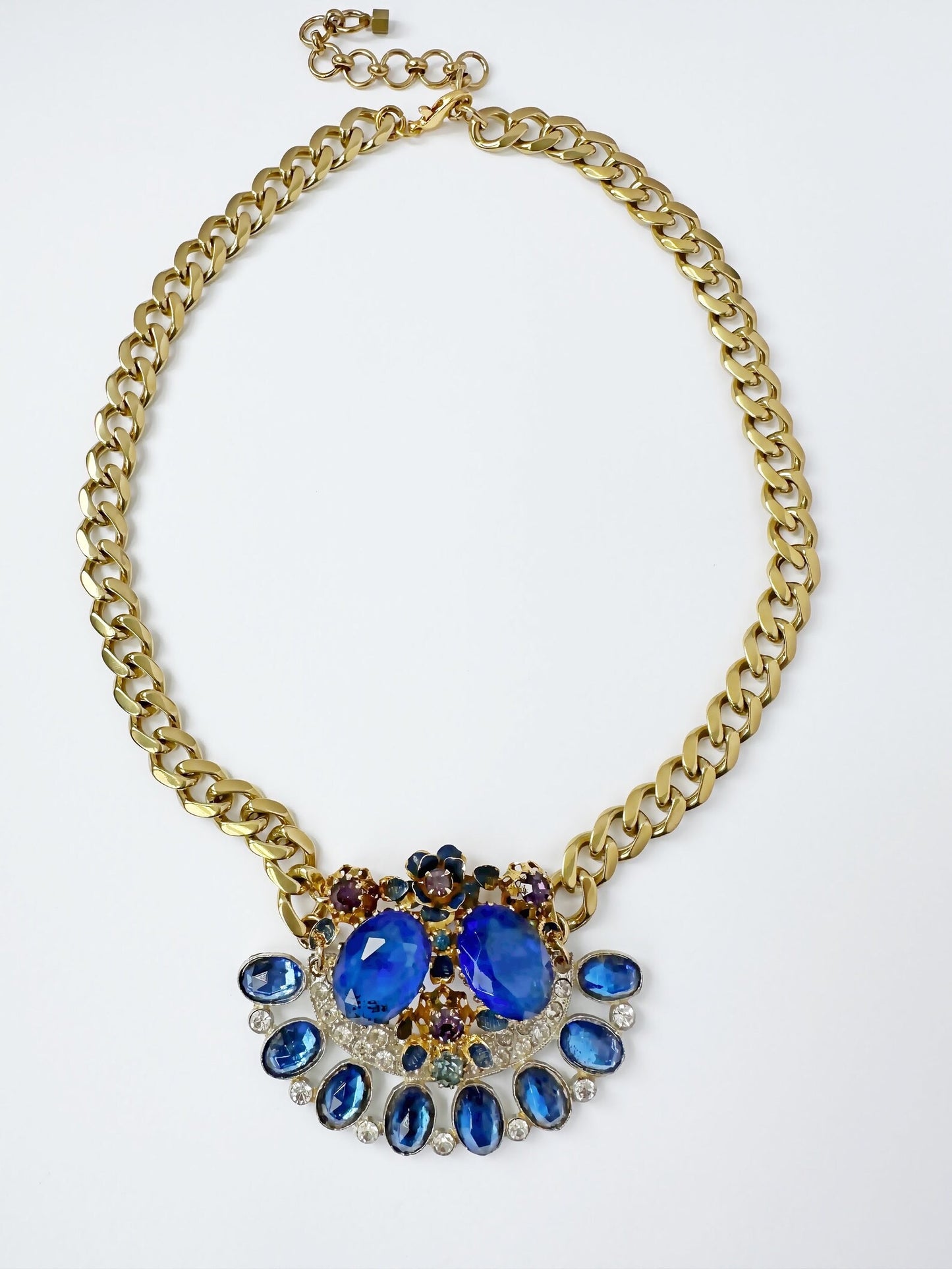 Cobalt blue vintage rhinestone assemblage necklace with heavy brass curb chain