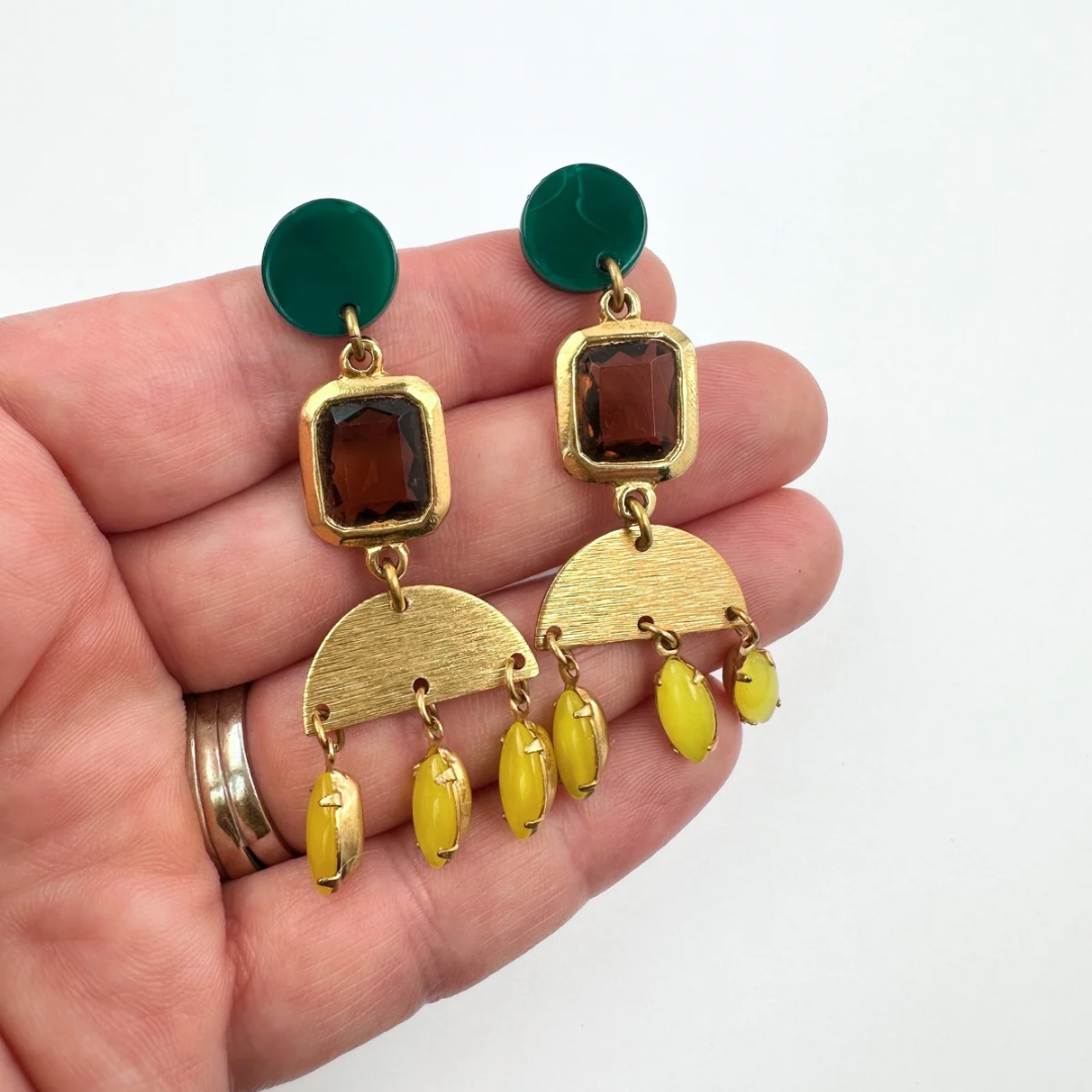 Repurposed green, brown, and yellow vintage assemblage earrings
