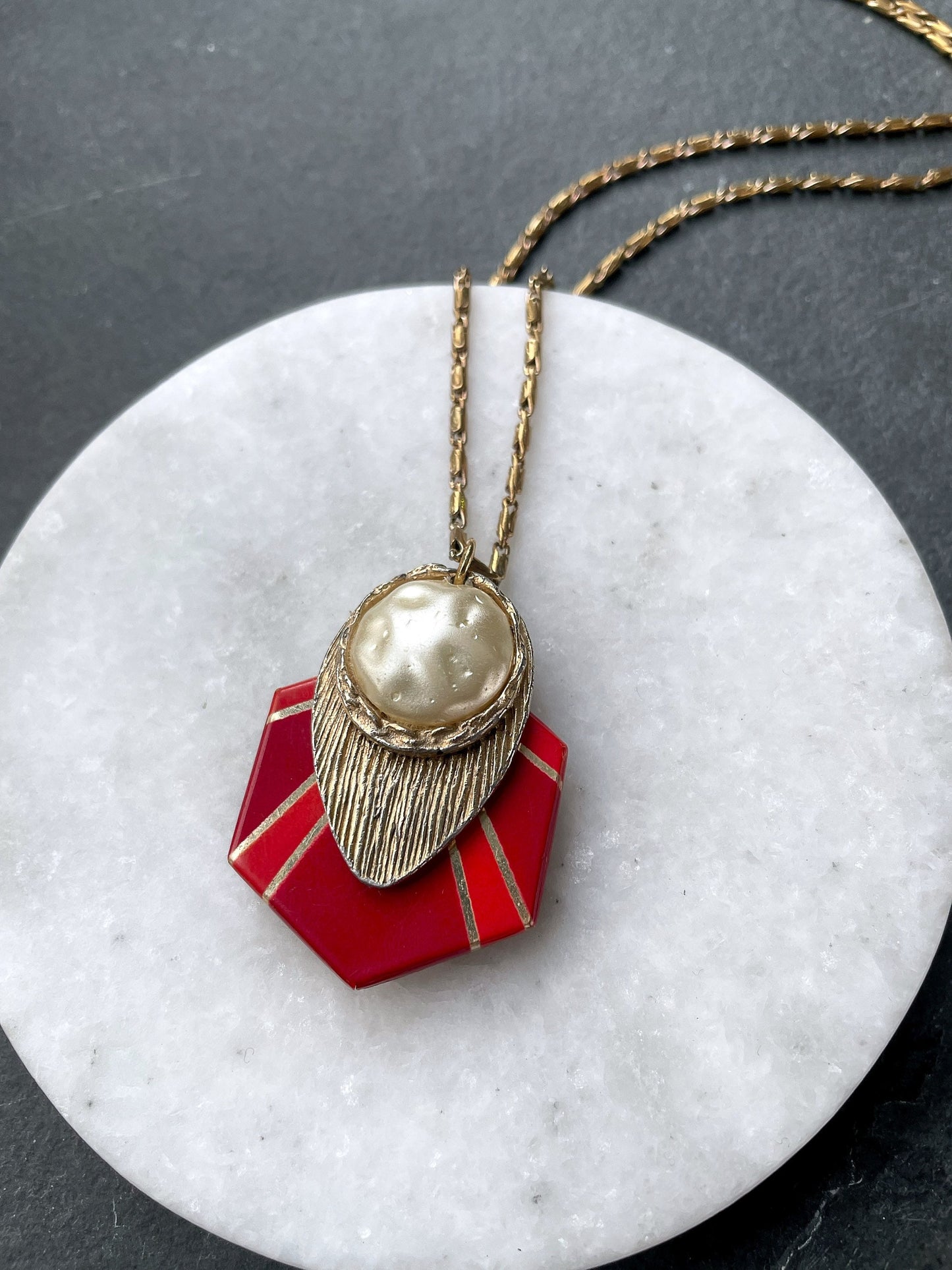 Red and gold vintage assemblage long pendant necklace