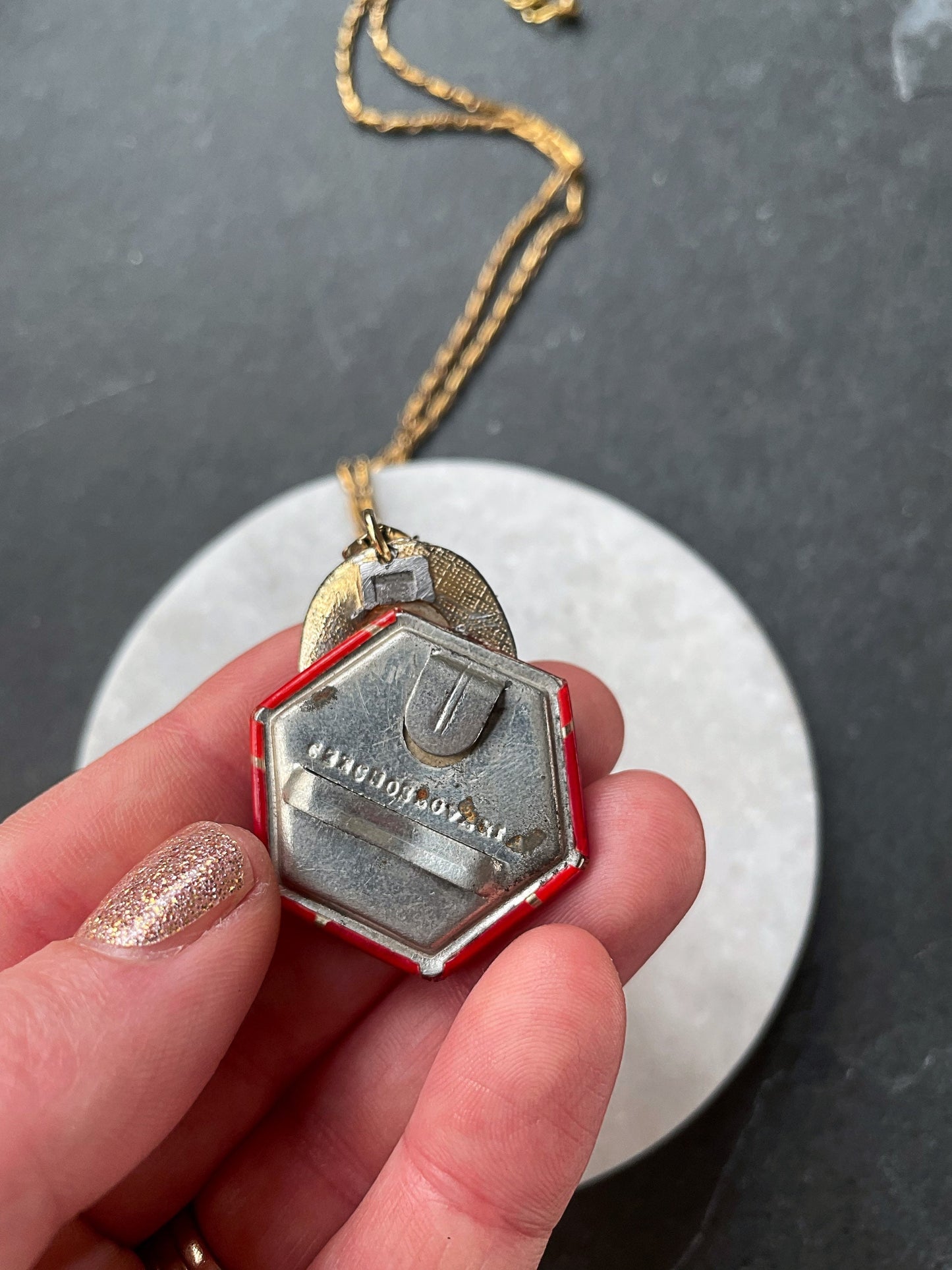 Red and gold vintage assemblage long pendant necklace