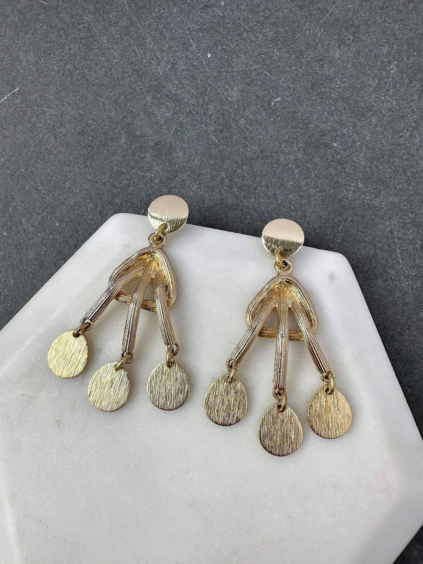 Repurposed gold tone vintage earrings with teardrop dangles
