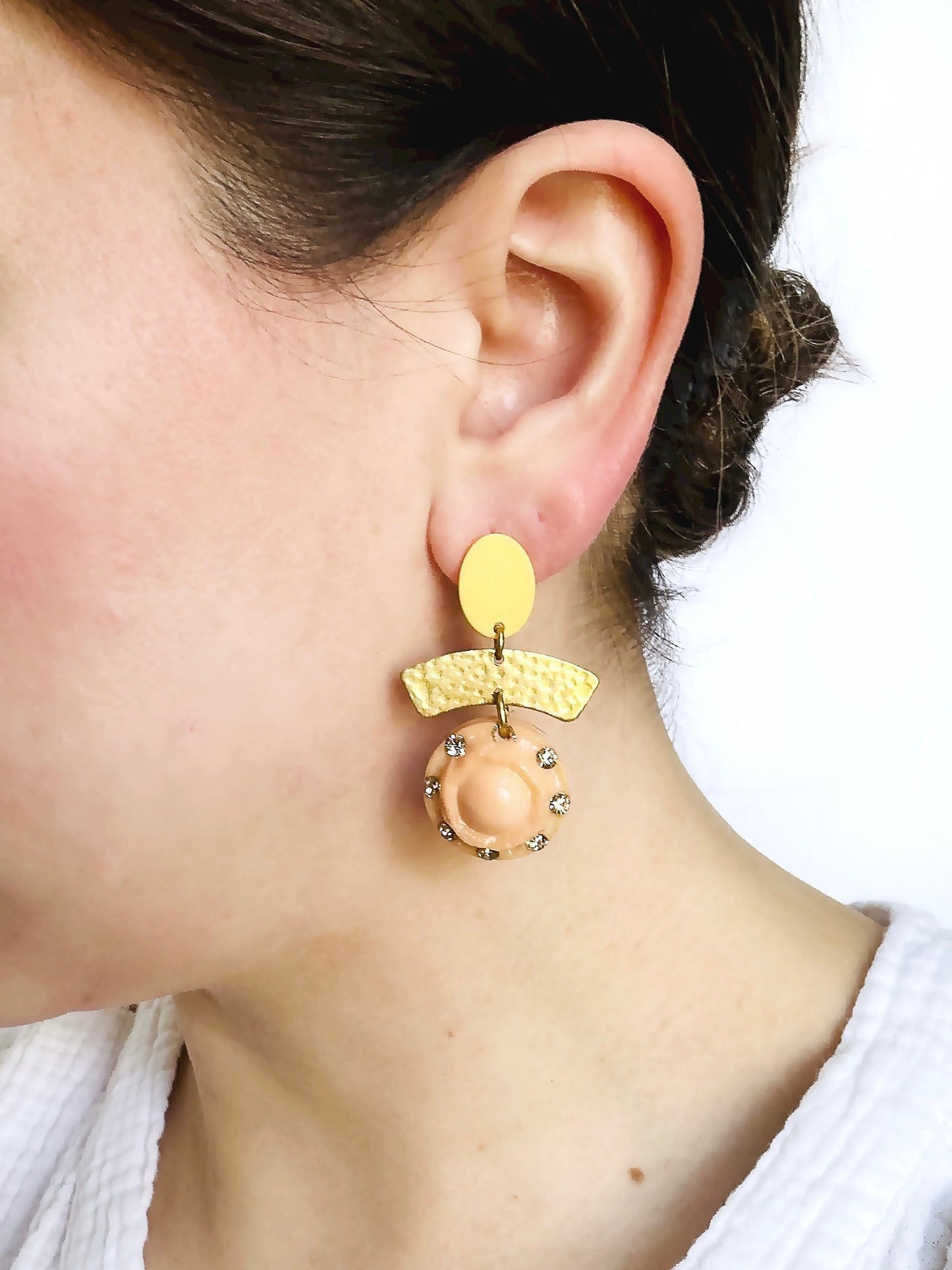 Repurposed vintage peach and yellow button earrings