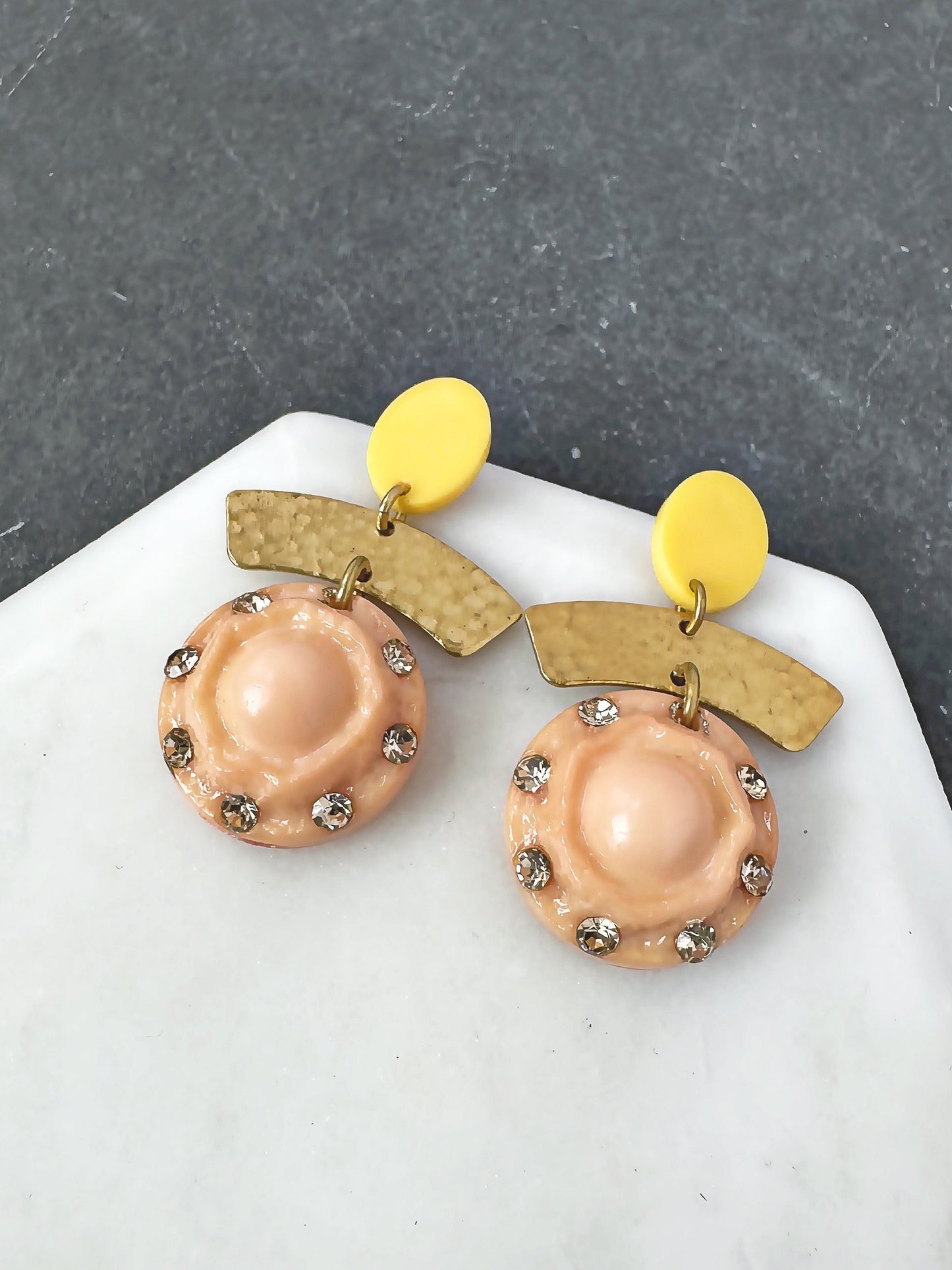 Repurposed vintage peach and yellow button earrings