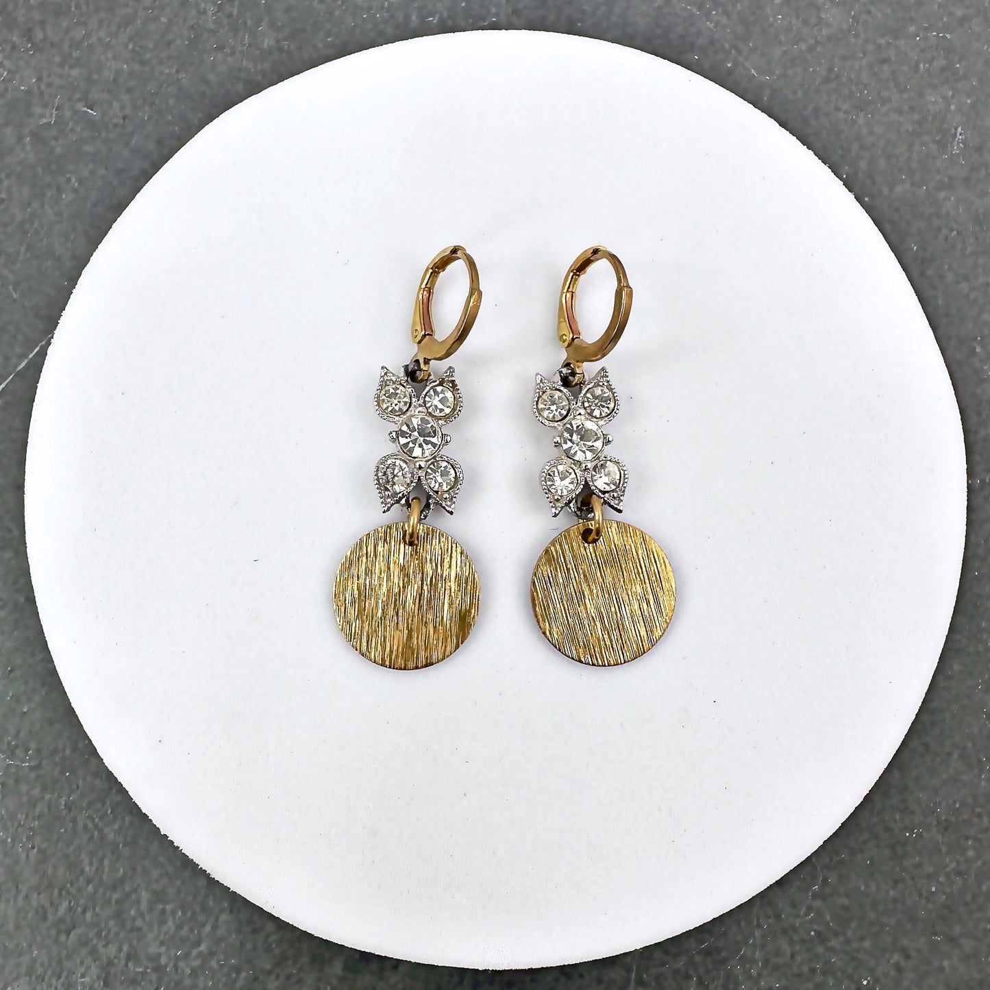 Refashioned vintage rhinestone link earrings with brass disc drop