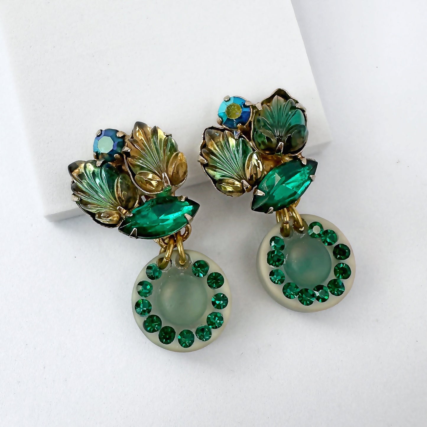 Refashioned vintage pressed glass clip on green leaf earrings with acrylic button drop