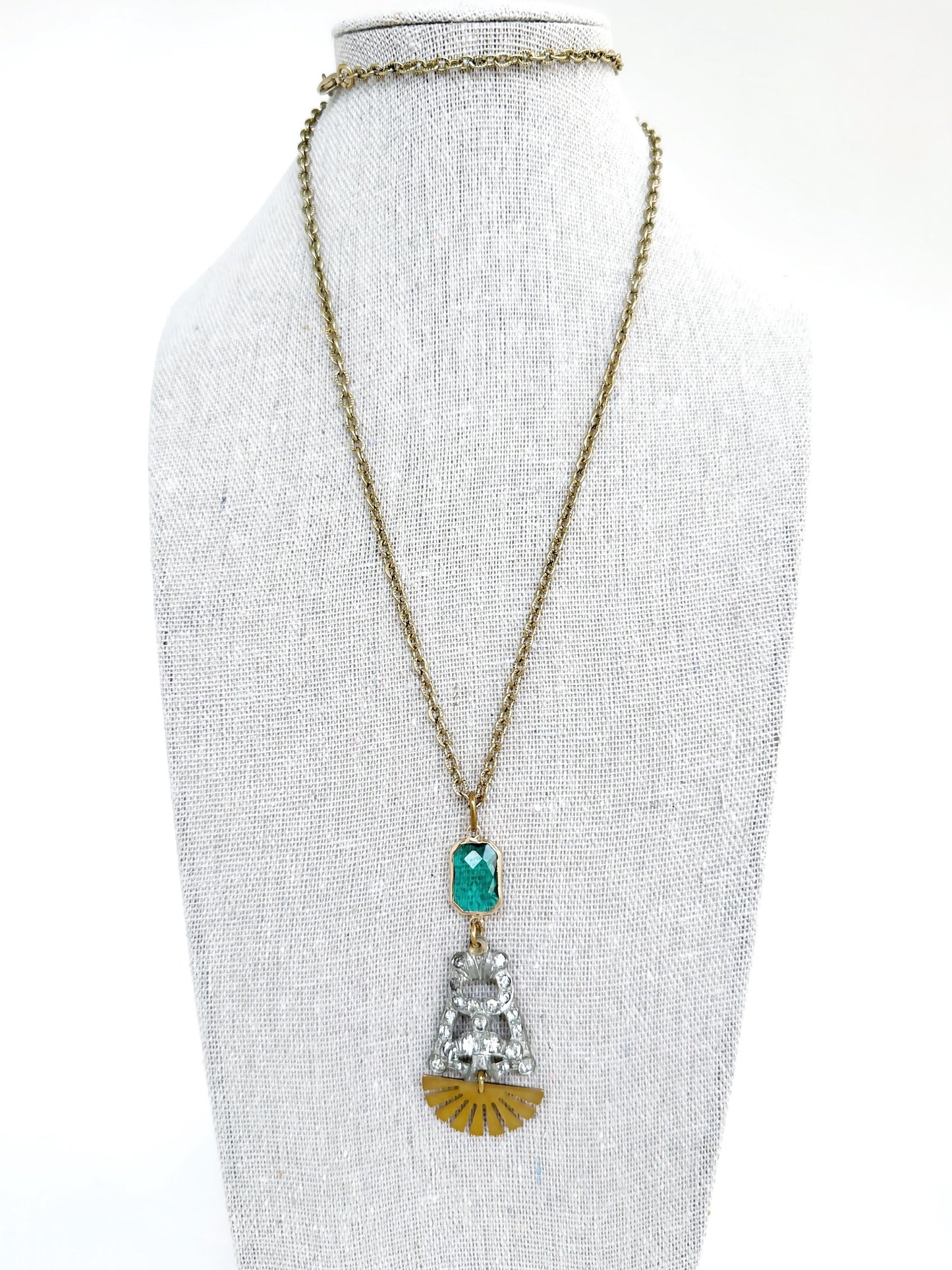 Refashioned Vintage Art Deco rhinestone long pendant necklace with brass sunburst and green crystal