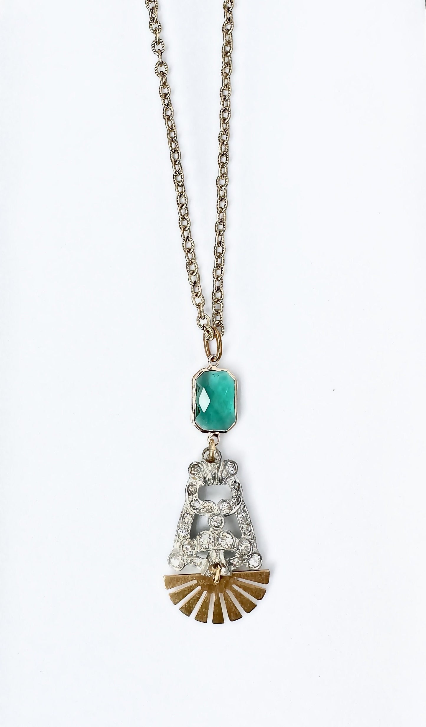 Refashioned Vintage Art Deco rhinestone long pendant necklace with brass sunburst and green crystal