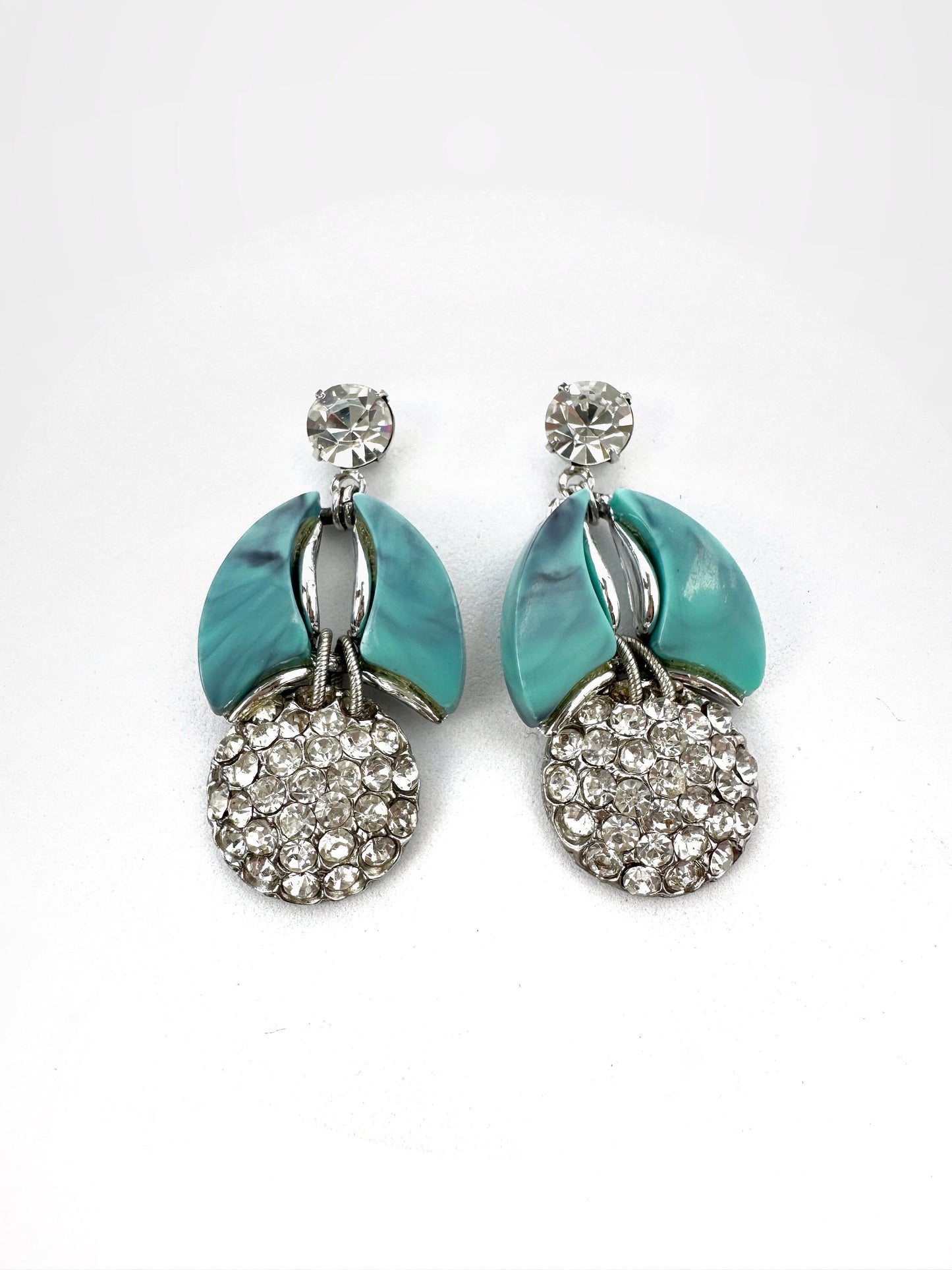 Refashioned Vintage turquoise and clear rhinestone statement earrings with crystal posts
