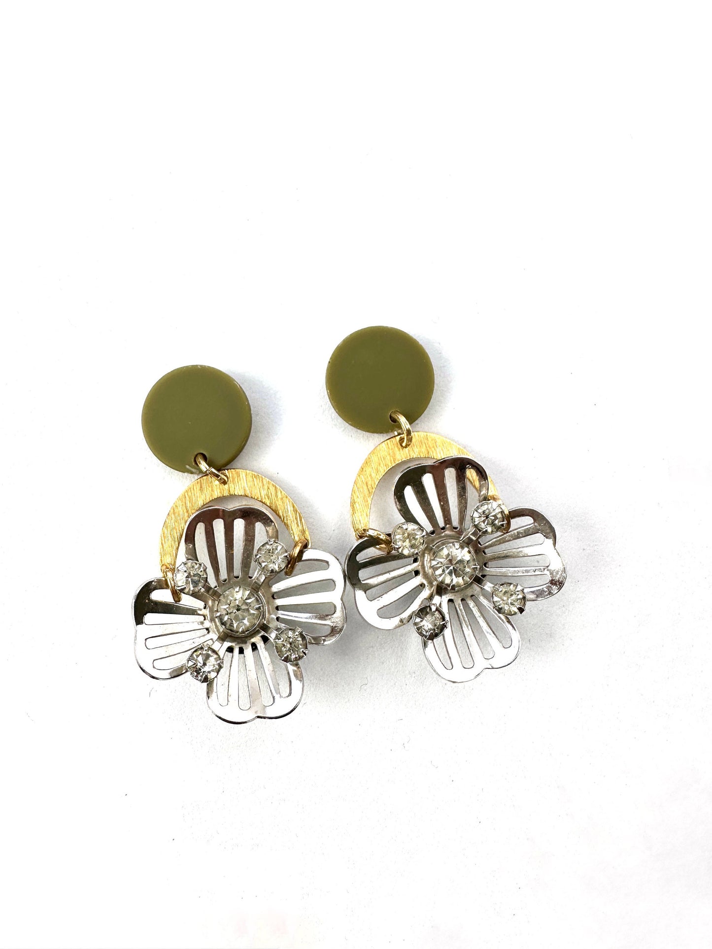 Refashioned Vintage rhinestone flower assemblage earrings with olive green acetate posts