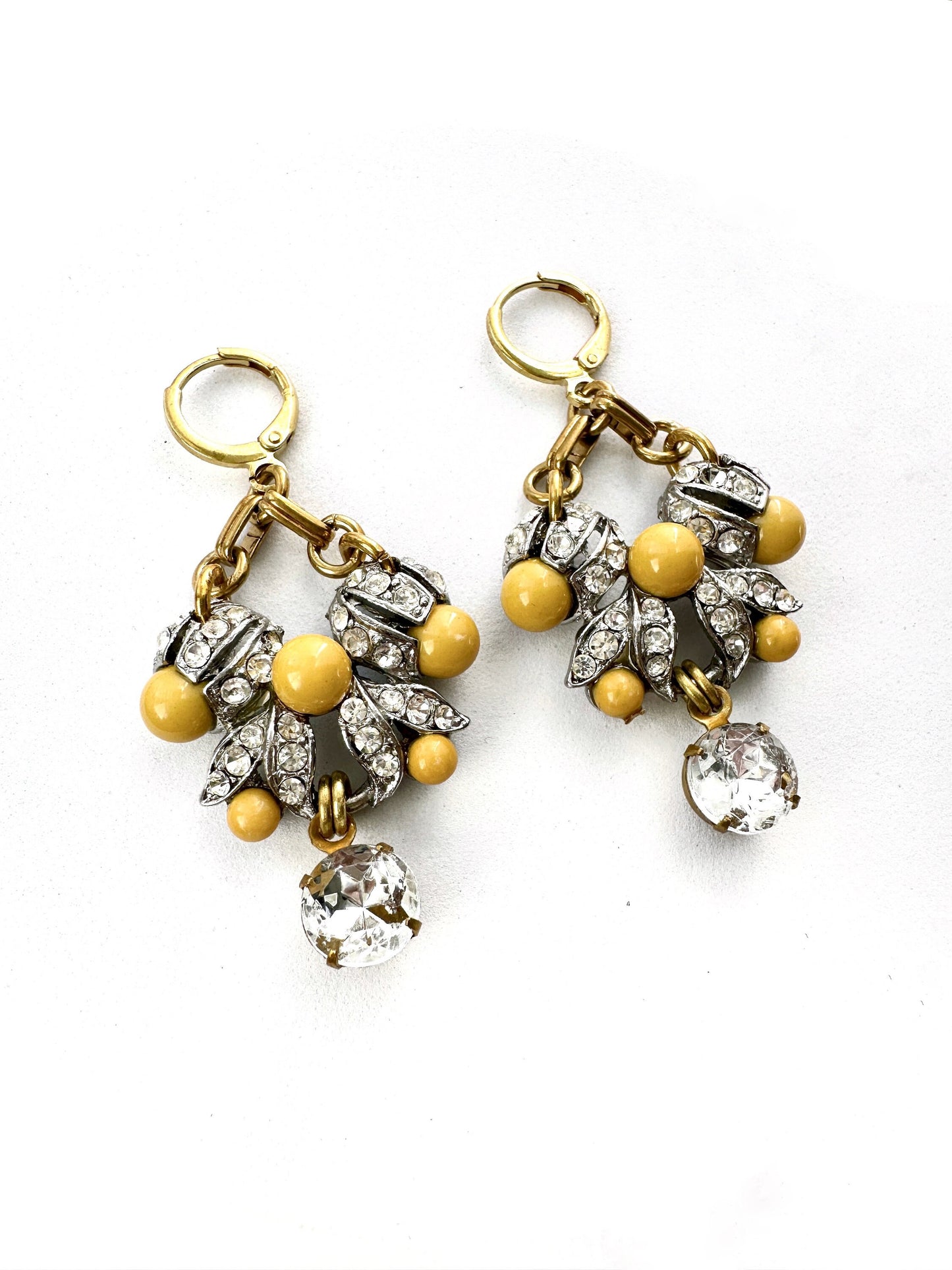 Refashioned vintage yellow and clear rhinestone assemblage statement earrings with raw brass leverbacks