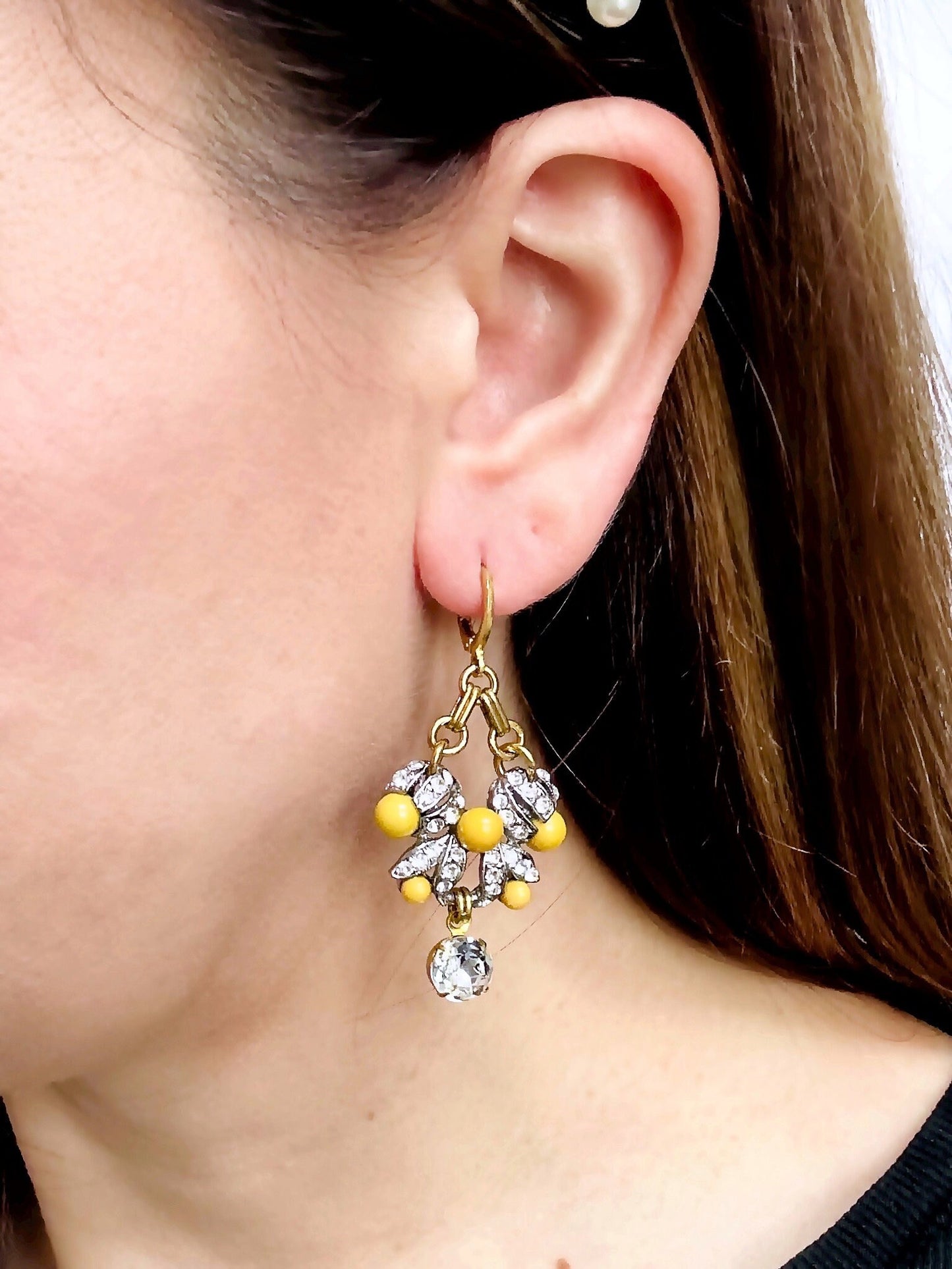 Refashioned vintage yellow and clear rhinestone assemblage statement earrings with raw brass leverbacks