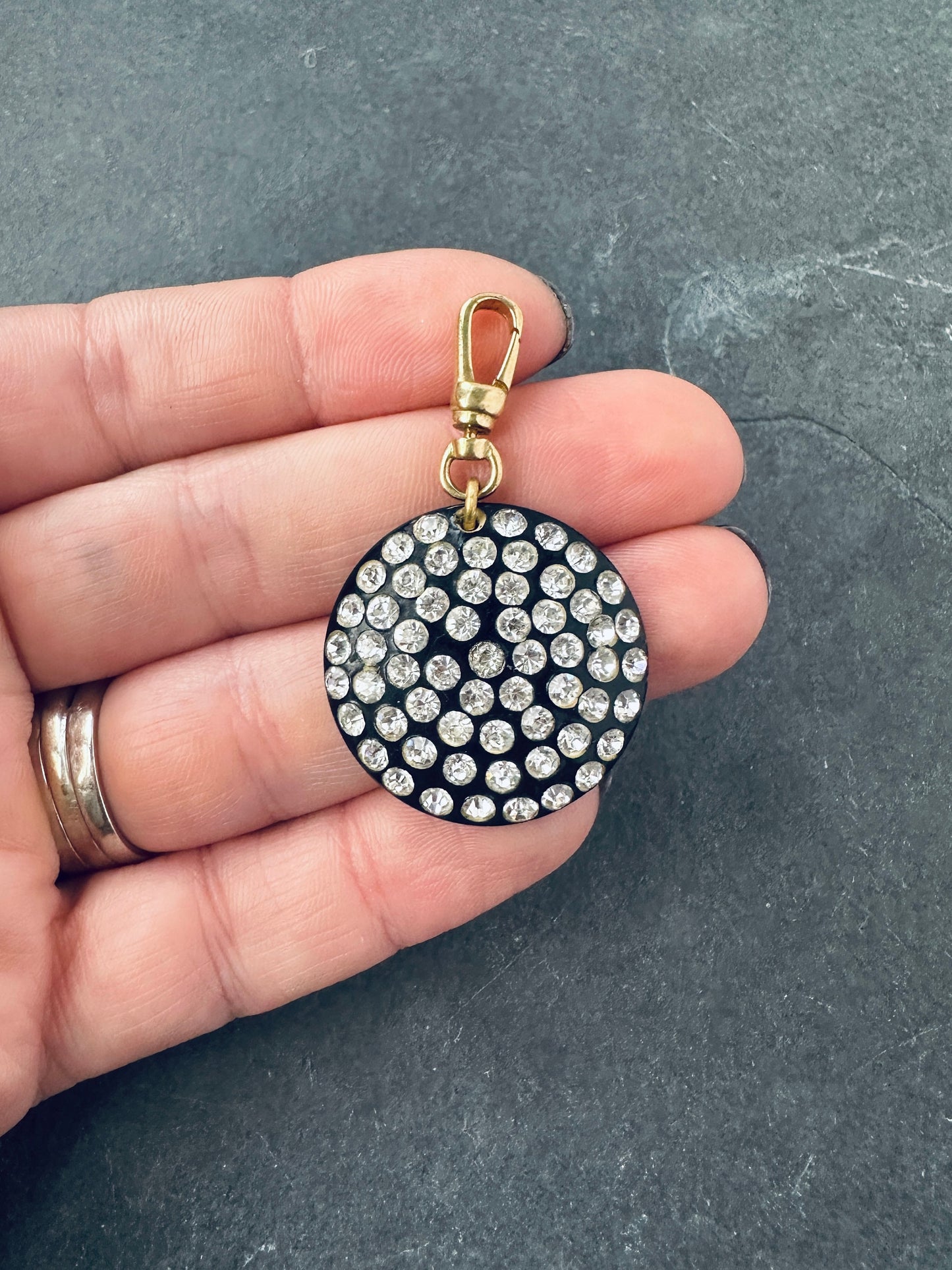 Vintage black and clear rhinestone button charm with raw brass swivel clasp