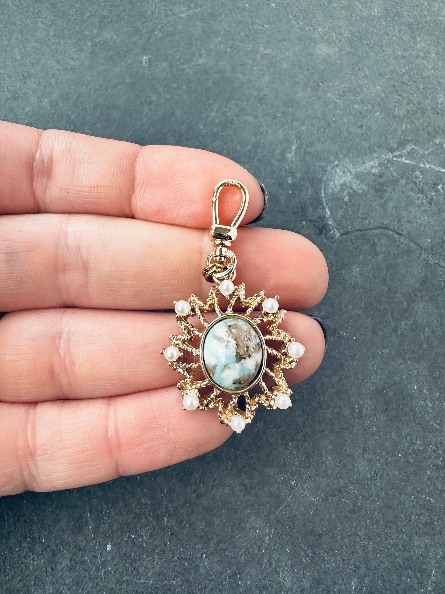 Vintage turquoise matrix and pearl charm with gold plated swivel clasp