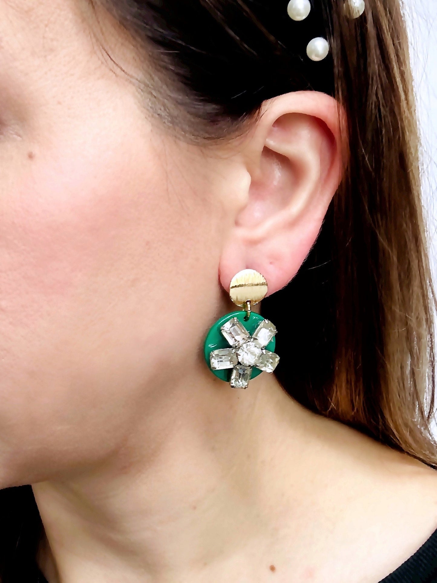 Refashioned Vintage green and clear rhinestone assemblage earrings with brass circular post
