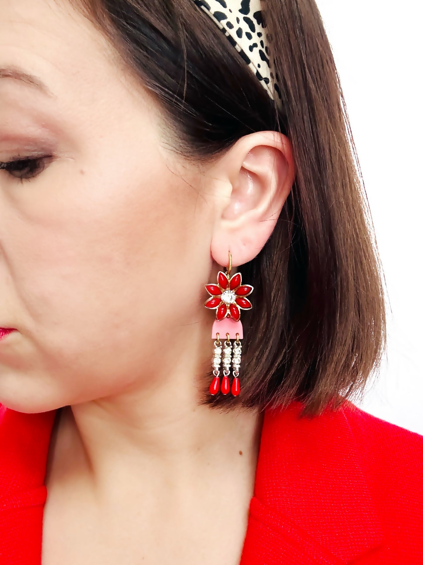 Repurposed vintage red and pink floral dangly rhinestone earrings