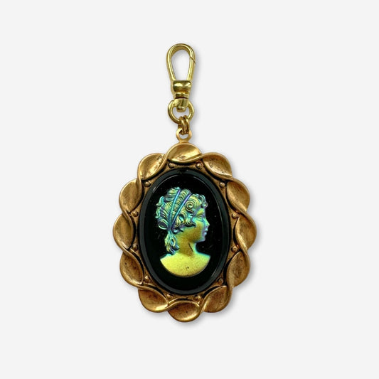 Vintage large black cameo charm with brass setting and swivel clasp