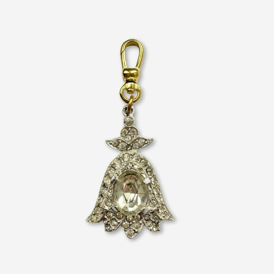 Vintage clear rhinestone floral charm on brass swivel clasp