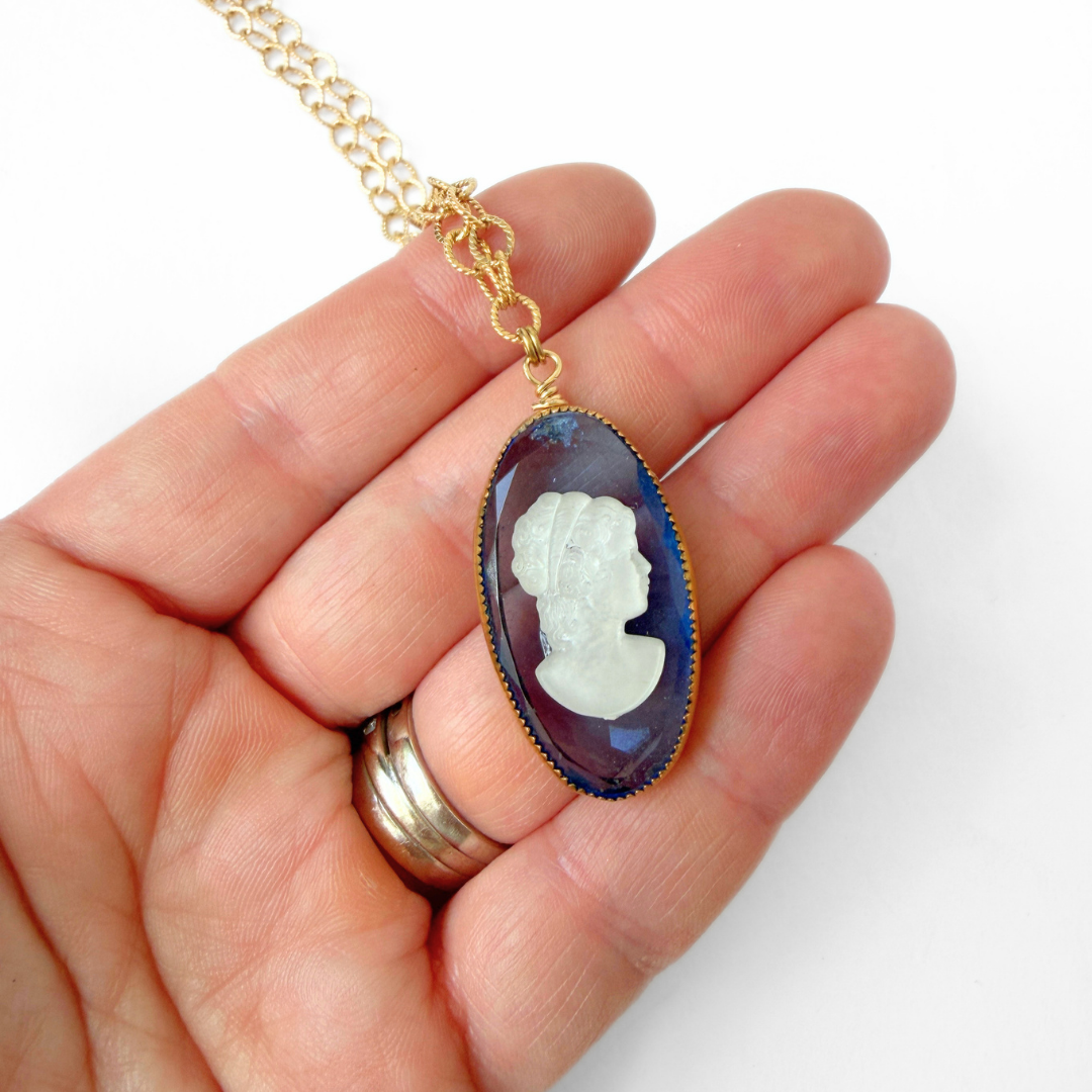 Refashioned blue glass oval cameo pendant on gold chain