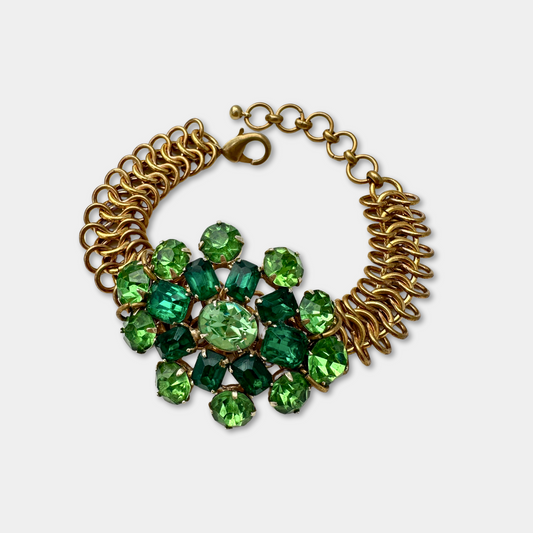 Vintage green rhinestone statement bracelet with wide brass chain