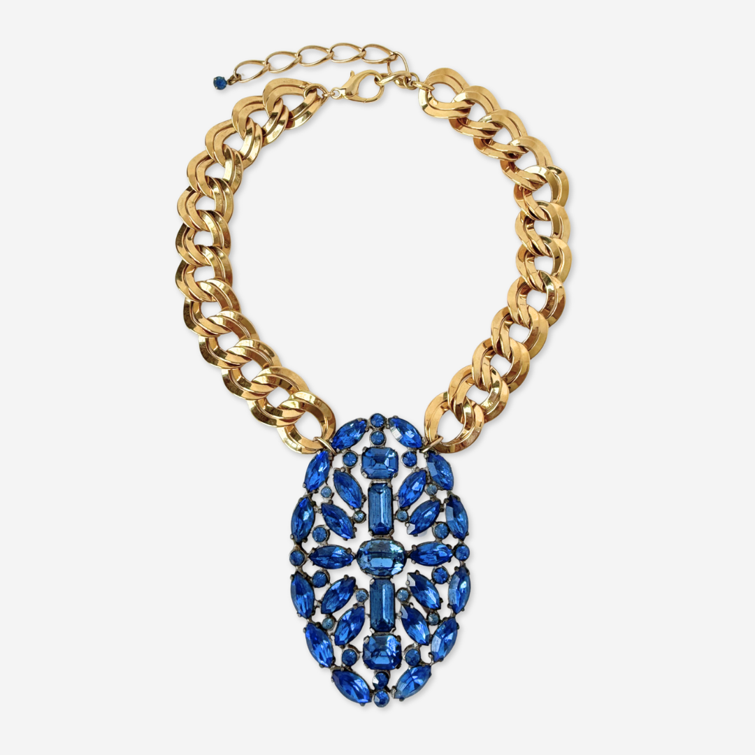 Refashioned Vintage XL coblat blue rhinestone oval pendant on gold chain