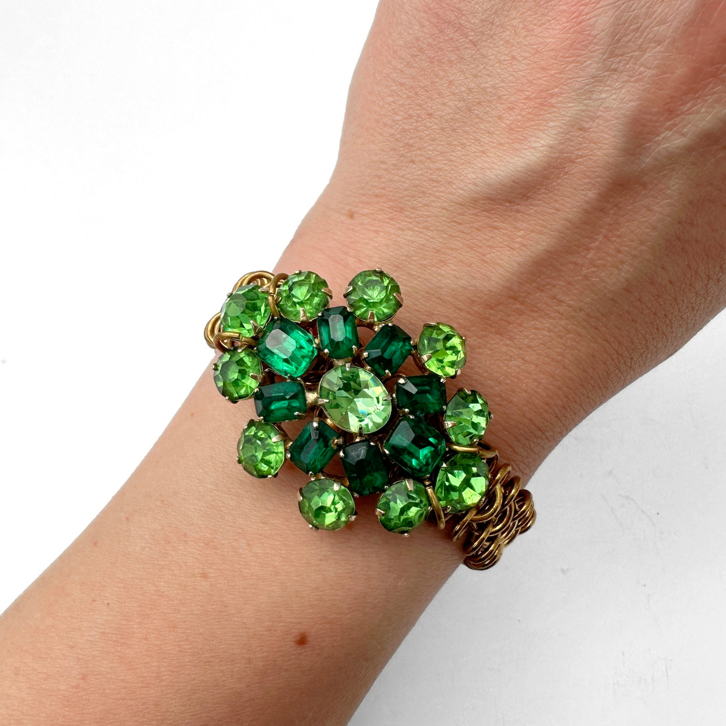 Vintage green rhinestone statement bracelet with wide brass chain