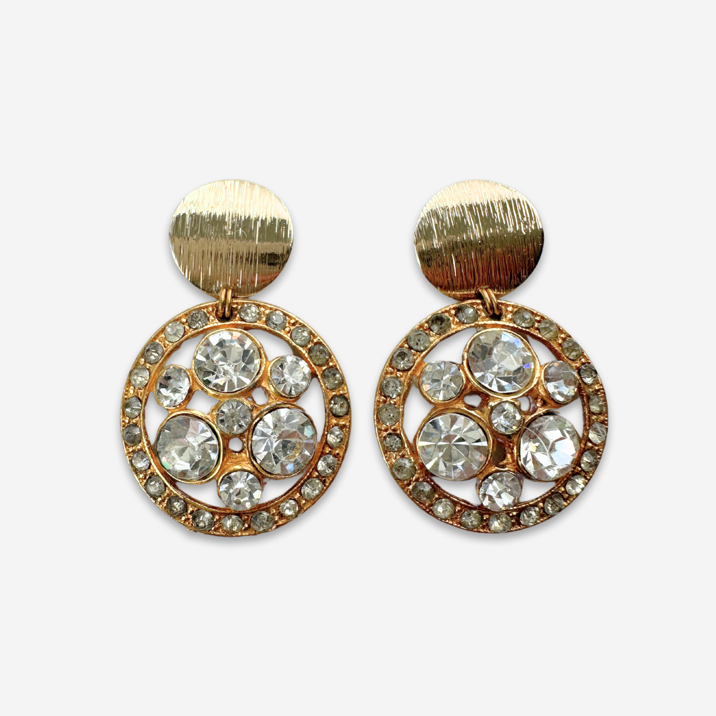 Large vintage gold tone rhinestone button earrings