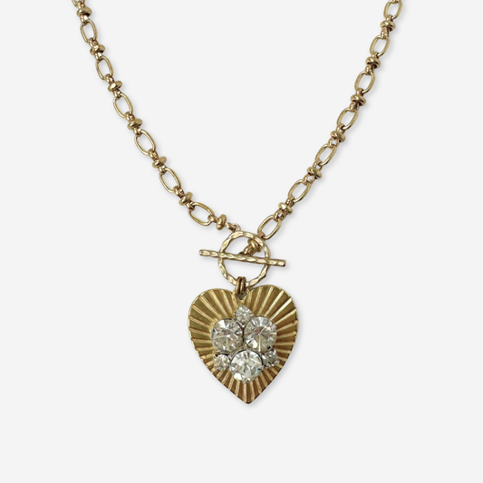 Large solid brass heart pendant with vintage clear rhinestone embellishment