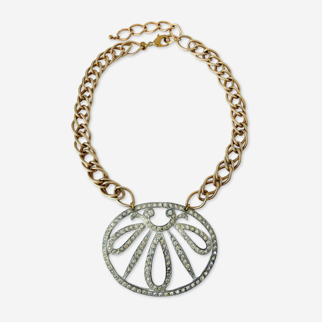 Refashioned Vintage XL clear rhinestone oval pendant on muted gold chain