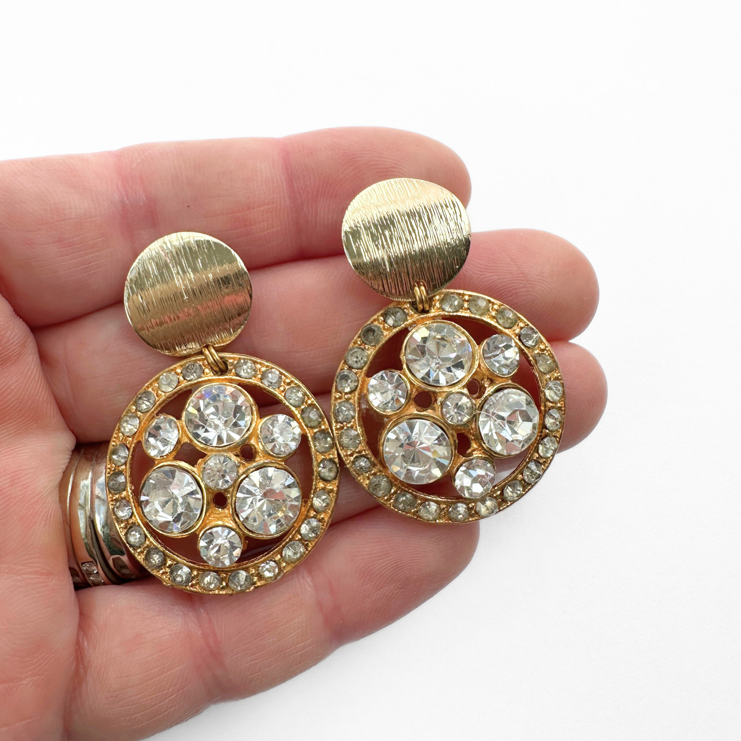 Large vintage gold tone rhinestone button earrings