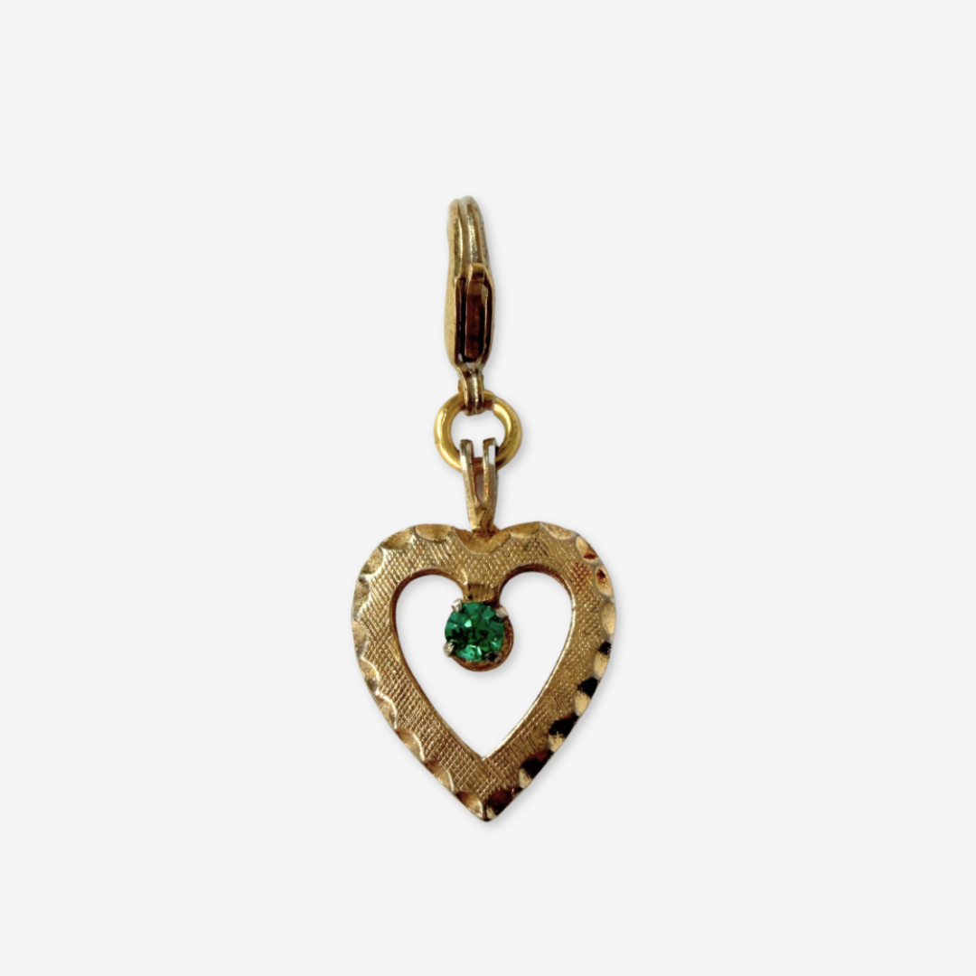Small Refashioned vintage gold and green rhinestone heart charm