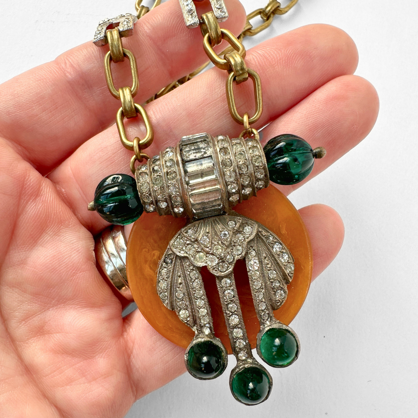 Repurposed Vintage green, rhinestone, and butterscotch bakelite assemblage statement necklace