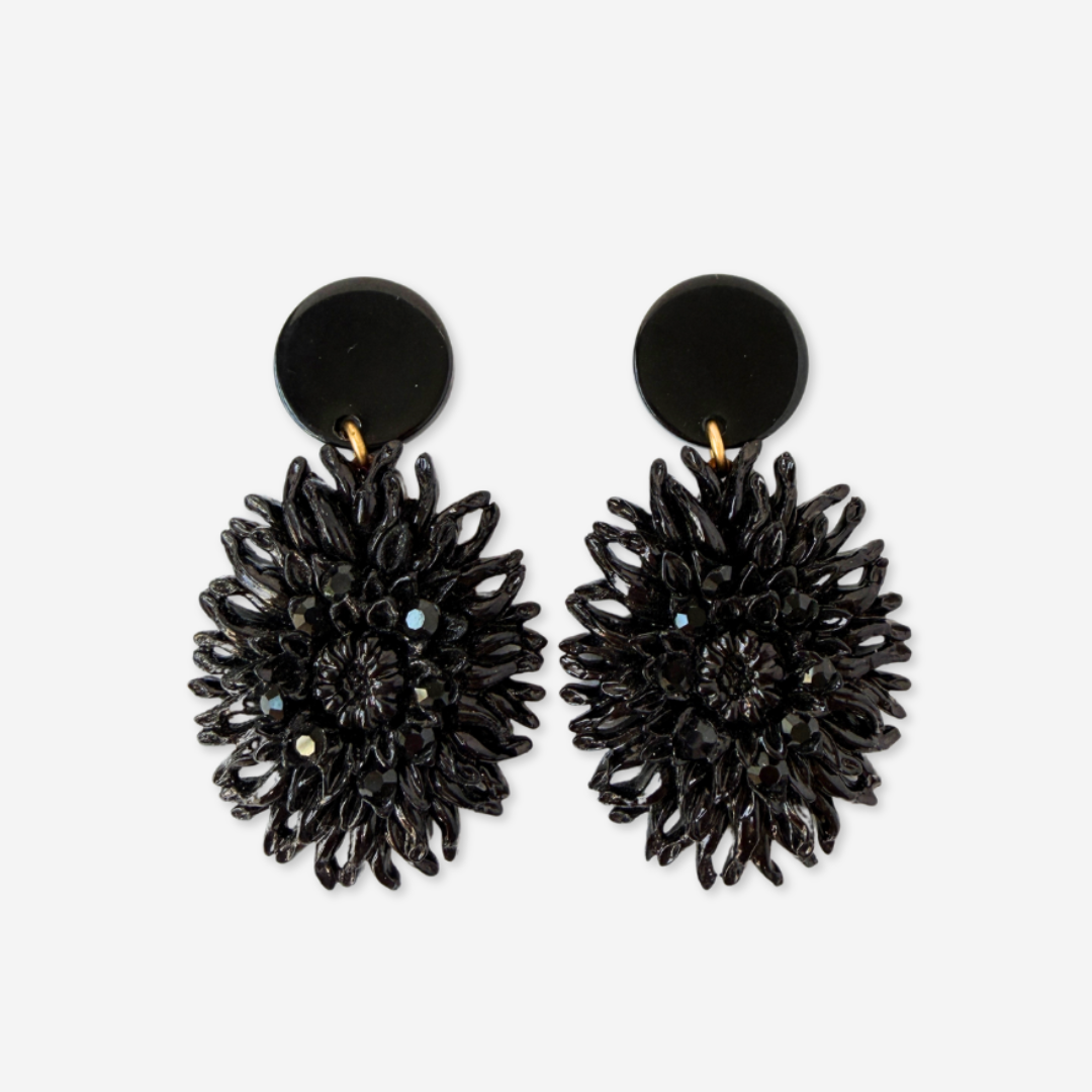 Large refashioned vintage black molded plastic floral earrings