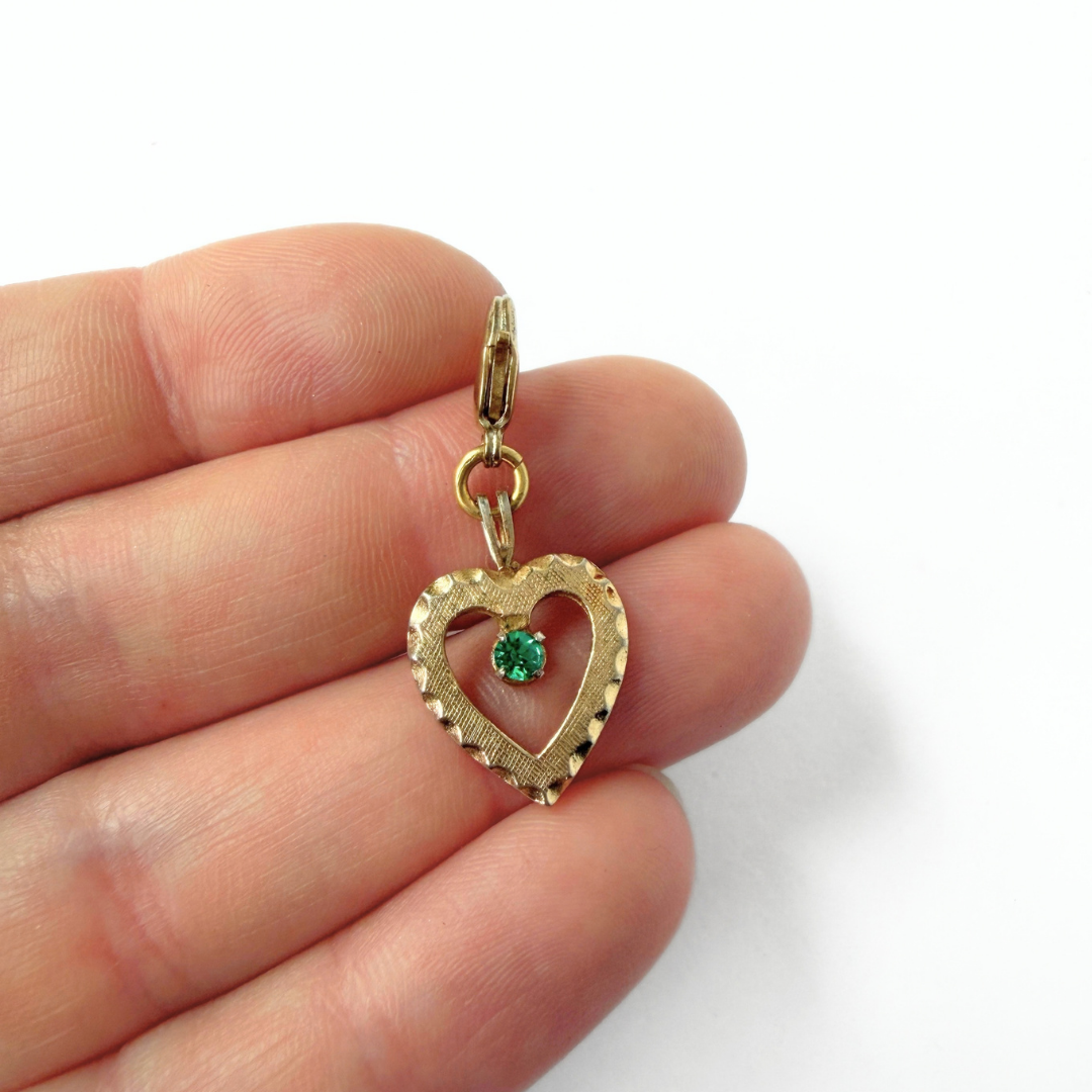 Small Refashioned vintage gold and green rhinestone heart charm