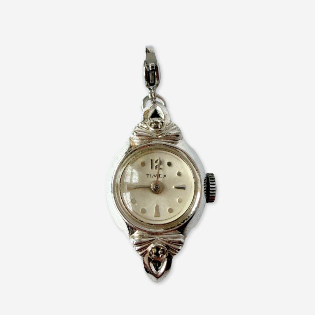 Refashioned Vintage silver tone  "Timex" watch face charm