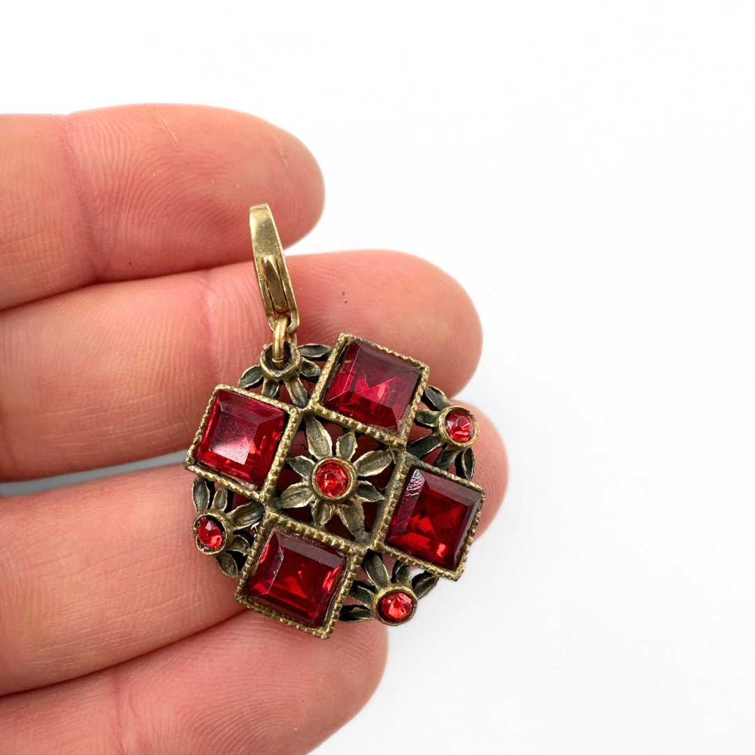 Vintage red rhinestone and antique gold unique button charm