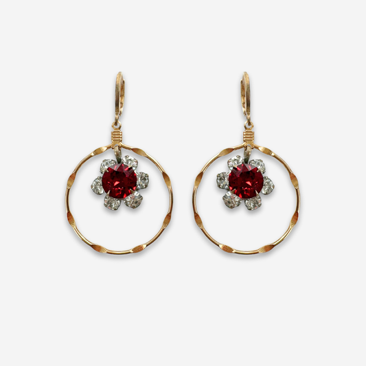 Gold plated hoop earrings with vintage ruby red rhinestone center drops